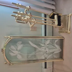 BRASS COLORED FIREPLACE TOOL SET AND BRASS AND ETCHED GLASS FIRE SCREEN