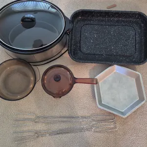 CROCKPOT, SPLATTERWARE PAN, AND SERVING DISHES