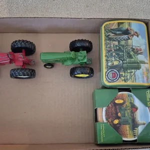 2 MODEL TRACTORS, JOHN DEERE COASTER SET, AND JOHN DEER COLLECTIBLE TIN