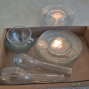 GLASS DISHES AND TWO VASES