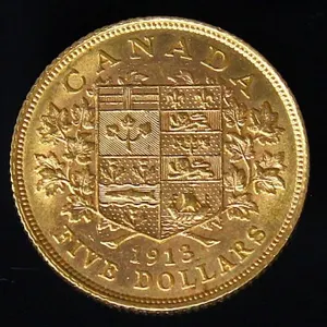 1913  21.6 KARAT GOLD CANADIAN $5 COIN 8.36g