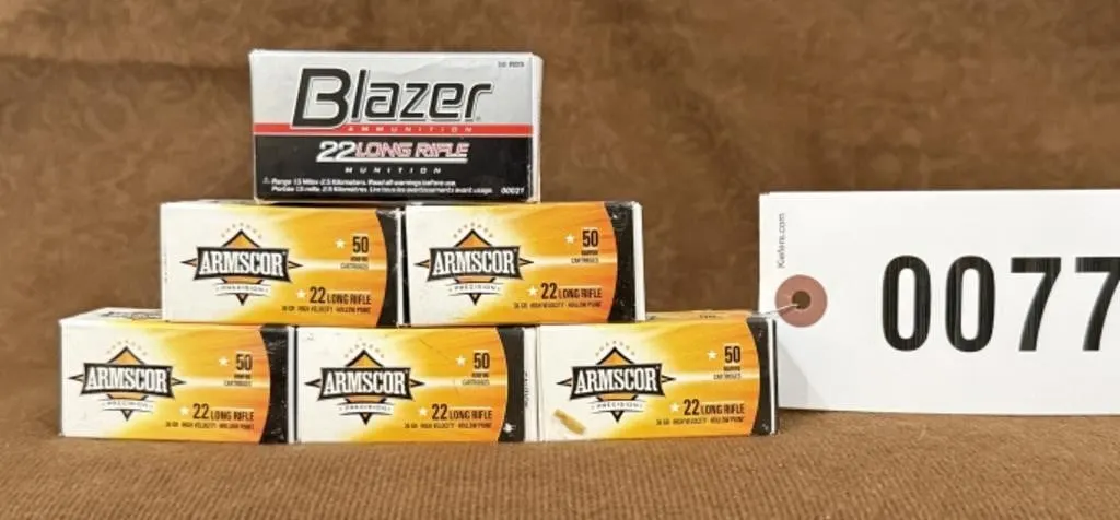 6 assorted complete boxes .22 LR ammo